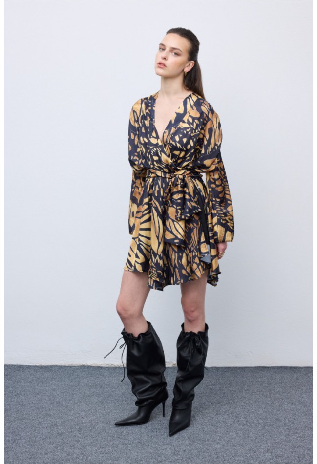 ΦΟΡΕΜΑ ΚΙΤΡΙΝΟ -ΜΑΥΡΟ ΜΕ ΜΩΣΑΙΚΟ ΚΑΙ ΤΕΛΕΙΩΜΑ ΠΕΤΑΛΟΥΔΑΣ CIEL CONCEPT  Butterfly Mosaic Wrap