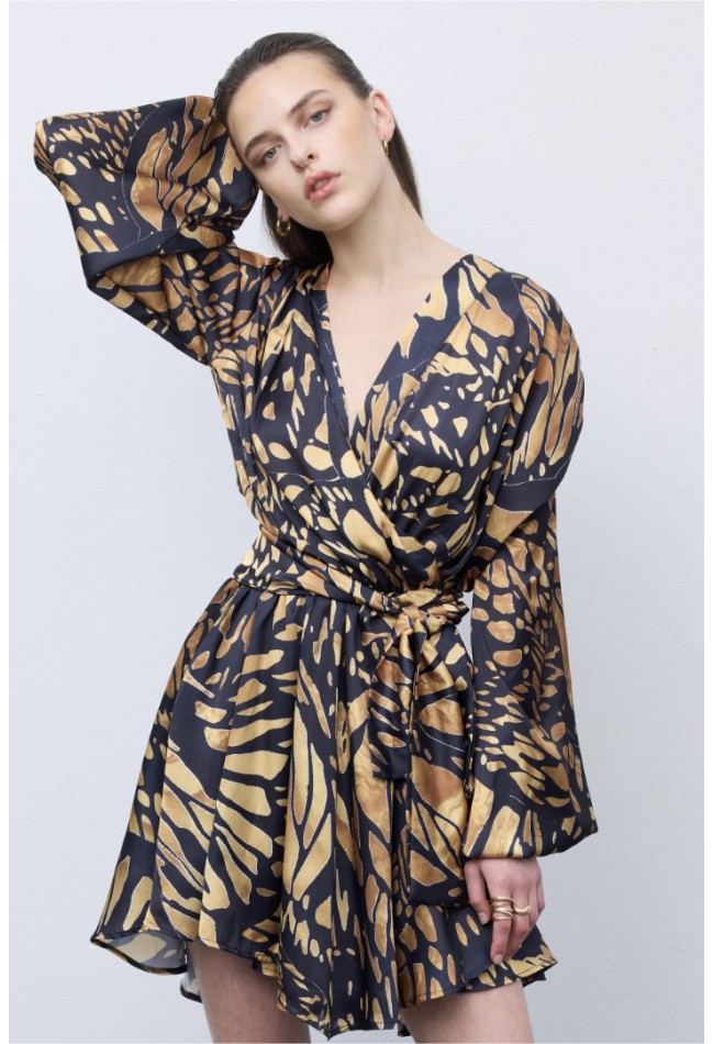 ΦΟΡΕΜΑ ΚΙΤΡΙΝΟ -ΜΑΥΡΟ ΜΕ ΜΩΣΑΙΚΟ ΚΑΙ ΤΕΛΕΙΩΜΑ ΠΕΤΑΛΟΥΔΑΣ CIEL CONCEPT  Butterfly Mosaic Wrap