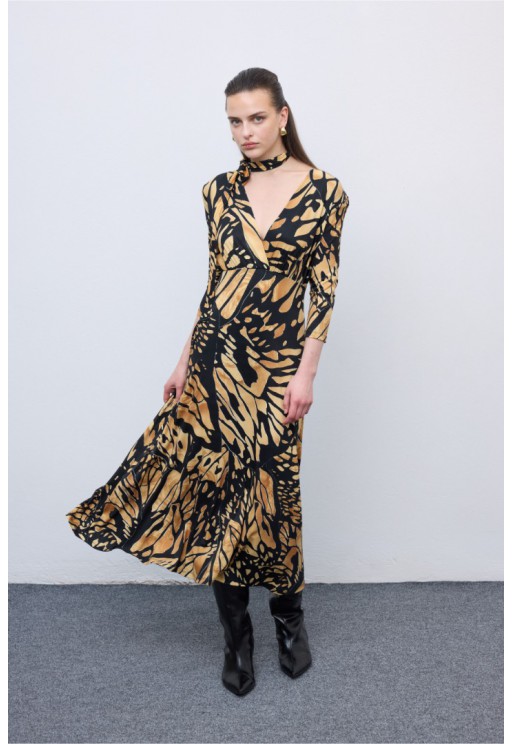 ΦΟΡΕΜΑ ΚΙΤΡΙΝΟ-ΜΑΥΡΟ από Τζέρσεϊ με Μωσαϊκό και Πεταλούδα CIEL CONCEPT  MOSAIC BUTTERFLY