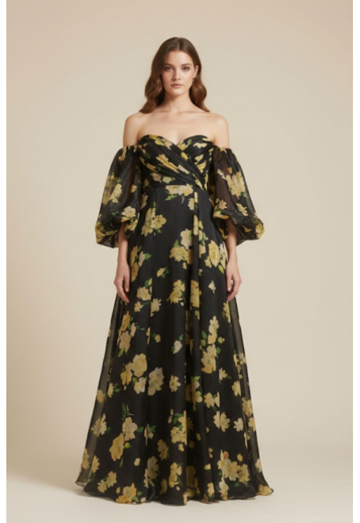 Βραδινό φόρεμα μαύρο κίτρινο MORATTI 17107966