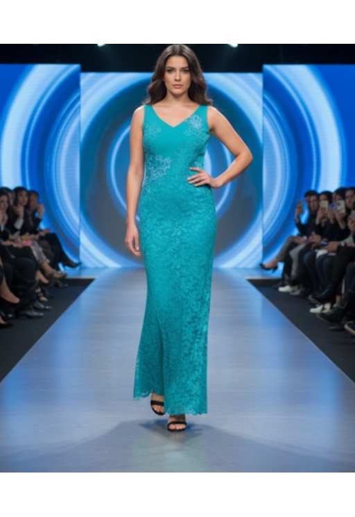 Βραδινό φόρεμα με δαντέλα και κέντημα πετρόλ MORATTI  1005170492