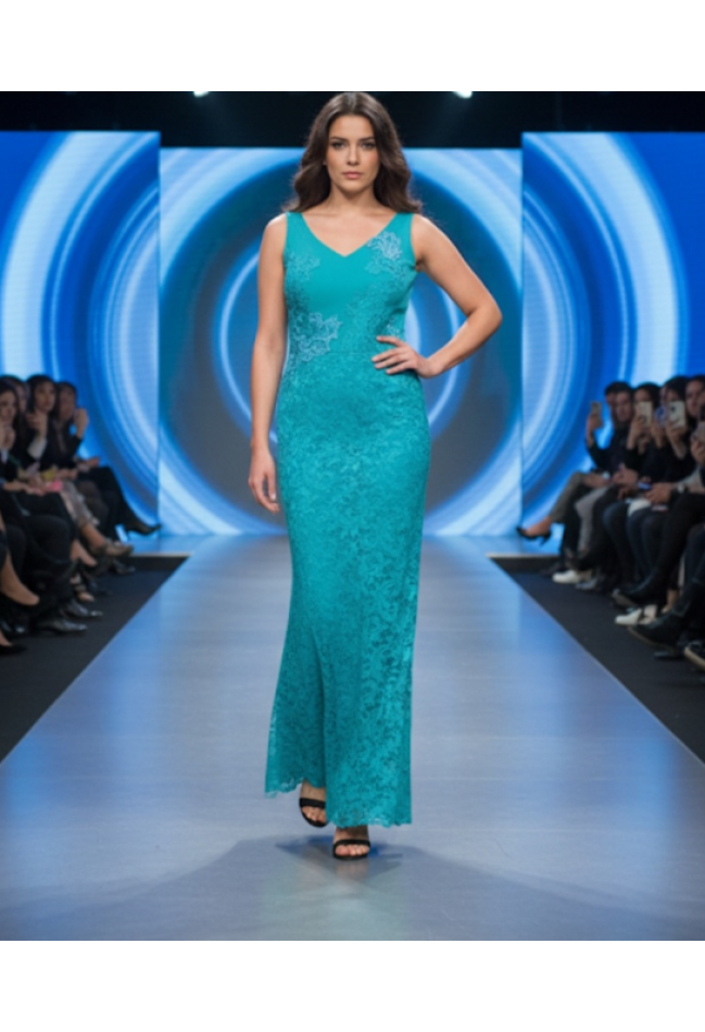 Βραδινό φόρεμα με δαντέλα και κέντημα πετρόλ MORATTI  1005170492