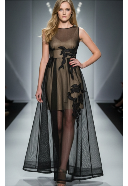 Βραδινό φόρεμα με δίχτυ μαύρο / μπεζ MORATTI 100906476