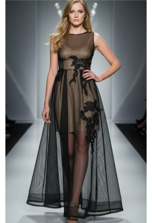 Βραδινό φόρεμα με δίχτυ μαύρο / μπεζ MORATTI 100906476