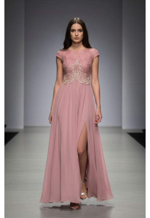 Βραδινό φόρεμα με δαντέλα και κέντημα ροζ MORATTI 12112050-1