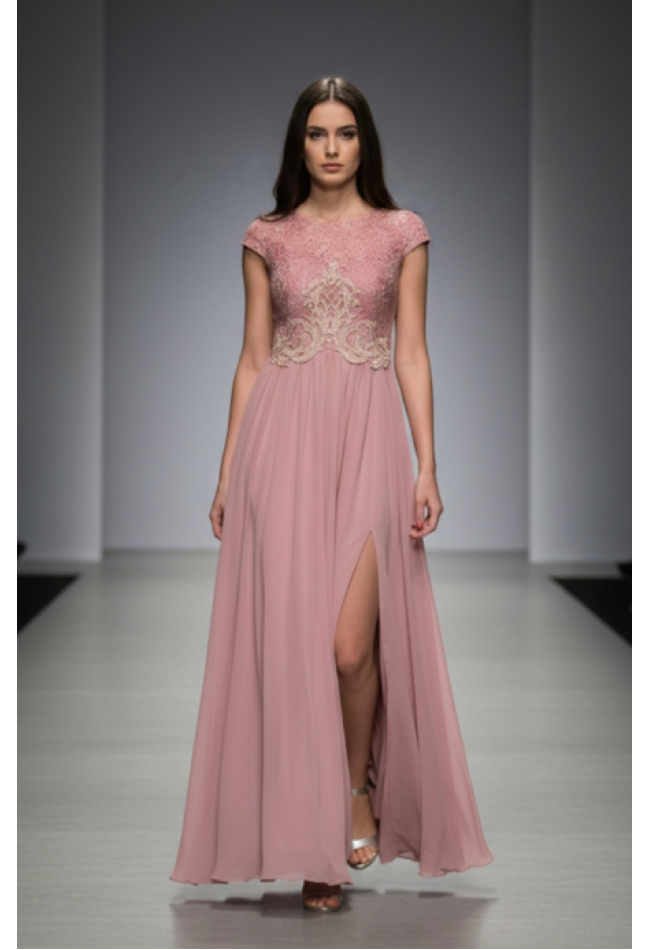 Βραδινό φόρεμα με δαντέλα και κέντημα ροζ MORATTI 12112050-1